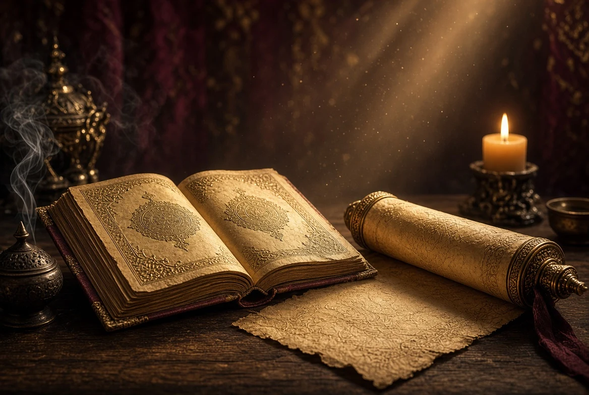 Antique book and parchment scroll in warm candlelight
